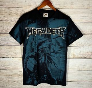 Megadeth All Over Print Band T - Shirt Black Blue Vintage 90s Men’s Size L Fits M
