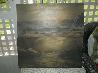 Ads Stretcher Keys Pat 6/1885 - 2 Antique Seascape Ocean Moonlight Oil Paintings