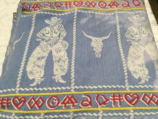 Old Vintage Bates Bedspread Blue Cowboys And Cow Skulls Fading Red And Yellow