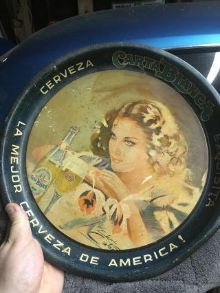 Mexican Vintage Carta Blanca Beer Tray W/ Woman Crying 1940s Rare