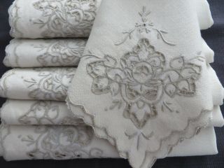 Vtg Antique Set 12 Beige Linen Napkins Cut Work Embroidery Large 17 "