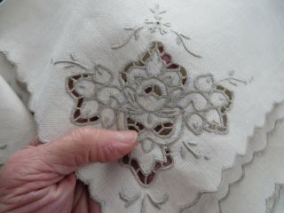 Vtg Antique Set 12 Beige LINEN Napkins Cut Work Embroidery LARGE 17 