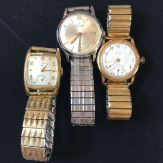 3 Vintage Gents Wrist Watches Elgin,  Tradition,  Waltham