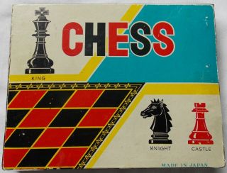 Chess Board Game Made In Japan Vintage 32 Piece Plastic,  Cardboard Board
