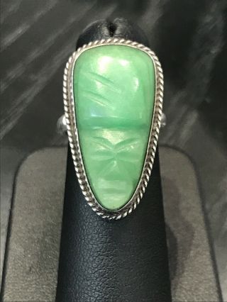 Vintage Sterling Silver Carved Green Stone Ring Size 5.  5 Aztec Inspired
