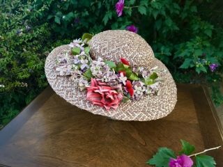 Vintage 1940s Hat Wide Brim Beige Straw W Purple Lilacs And Rose