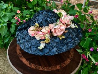 Vintage 1940s Hat Wide Brim Black Raffia Straw Pink Blooming Roses