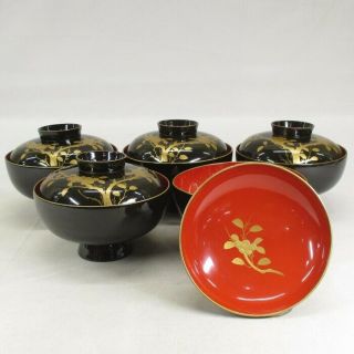 H208 Japanese Lacquer Ware 5 Covered Bowls With Good Makie Of Plum Tree