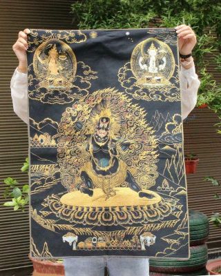 36 " Tibet Buddhism Silk Clothmahakala Wrathful Deity Embroidery Thangka Mural