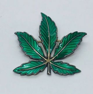 Bernard Meldahl Vintage Norway Sterling Silver Green Enamel Leaf Pin