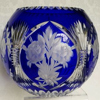 Vintage Cobalt Blue Bohemian Czech Cut To Clear Large Rose Bowl 7 " Vase Engraved