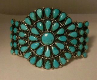 Large Vintage Sterling Silver Turquoise Petit Point Cuff Bracelet Signed S