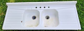 Vintage Barn Find 66 " Enamel Painted Double Basin Drain Board Sink