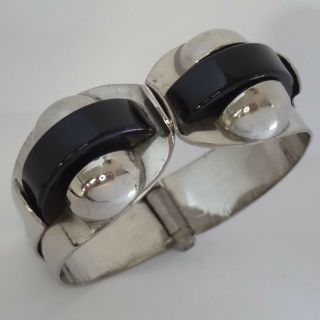 Vintage Machine Age Art Deco Jakob Bengel Chrome Plate Black Galalith Bracelet