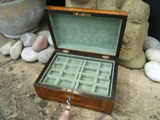 Lovely 19c Figured Walnut Inlaid Antique Jewellery Box - Fab Interior