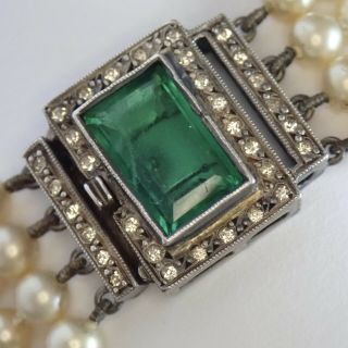 Antique Art Deco French Sterling Silver Emerald Crystal Paste Pearl Bracelet
