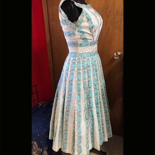 1950’s Novelty Print Vintage Cotton Dress,  Ribbon Thru Lace Blue,  White Sz 6 - 8