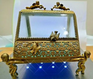 Vintage Brass Ormolu Jewelry Box With Cherubs And Birds Rare