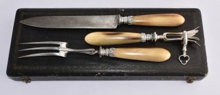 Boxed Antique 3 Piece French Horn Handled Carving Set TD PARIS - Manche a Gigot 3