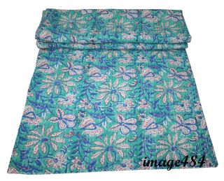 Indian Kantha Throw Floral Print Kantha Quilt Reversible Bedspread Cotton Gudri