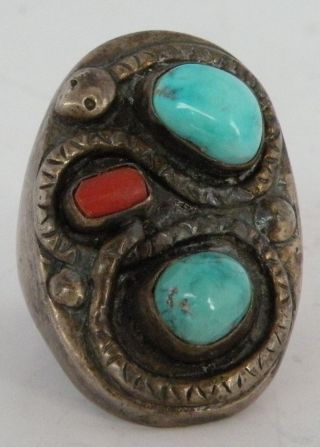 Vintage Native American Zuni Sterling Silver,  Turquoise Coral Snake Ring,  Huge