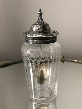 Antique English Sterling Silver Glass Hinged Jar Condiment Pot French Spoon