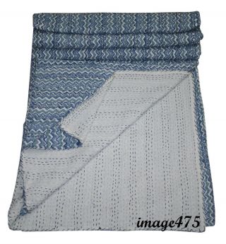 Indian Hand Block Ikat Print Kantha Quilt Cotton Bedspread King Size Indigo Blue