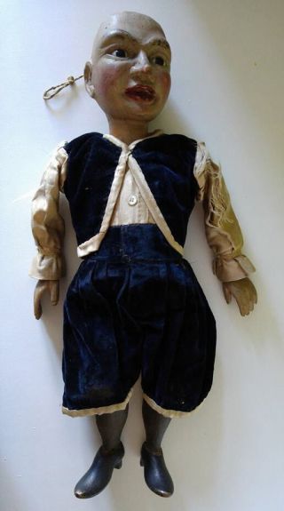 Rare Antique 17 " Hand Carved Wooden Marionette Doll Articulated Glass Eyes Silk