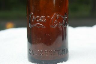 Vintage Amber Straight Side SS Coca Cola Bottle - - Salisbury,  Maryland - - MD 2