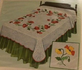 Vintage Bucilla Applique Quilt Top Kit 84x100 " Garden Poppies 8971 Yellow