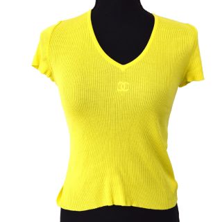 Authentic Chanel Cc Short Sleeve Tops Yellow 100 Cotton 40 Vintage Tg01741u