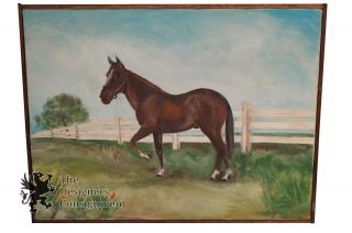 Stunning Vintage Hand Signed Horse Oil Painting Landscape Portrait On Canvas