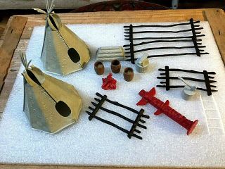 Vintage Marx Indian Teepees,  Axe,  Fence,  Logs,  Barrels,  Camp Fire,  & Anvil