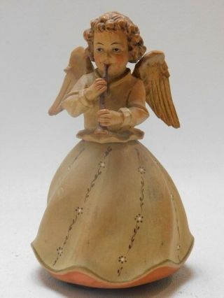Vintage Anri Italian Handcarved Wood Angel On Flute " Silent Night " Music Box