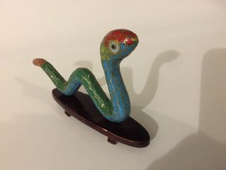 Vintage Chinese Small Brass Cloisonne Snake With Stand.  L: 11 Cm H: 7cm