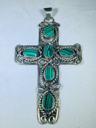 Vintage Native American Sterling Silver And Malachite Cross Pendant