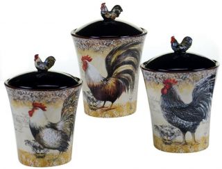 Vintage Rooster 3 - Piece Ceramic Canister Set Rustic Chicken Kitchen Jar Storage