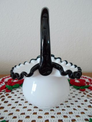 Fenton Vintage Milk Glass With Black Ebony Crest & Handle Small Basket