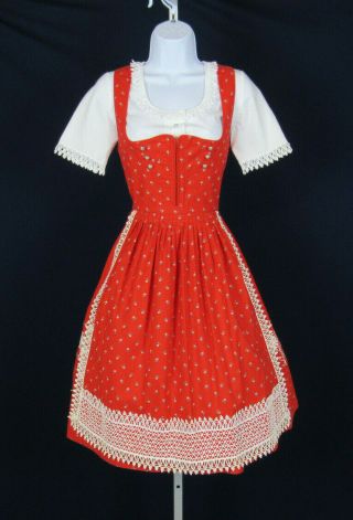Vtg 1960s 70s Dirndl Strasser Trachten With Top Apron Red Flowers Embroidery