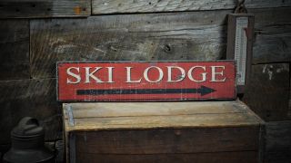 Ski Lodge This Way Arrow Sign - Rustic Hand Made Vintage Wooden Sign Ens1000404