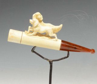 Vintage Meerschaum Antique Pipe W Amber Tip Hand Carved With Dog Figures