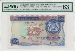 Board Of Comm.  Of Currency Singapore $100 Nd (1973) Rare Pmg 63