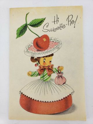 Vtg Norcross Cherry Candy Girl Birthday Card Hi Sweetie Pie Red Pink