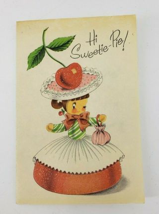 VTG Norcross Cherry Candy Girl Birthday Card Hi Sweetie Pie Red Pink 2