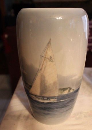 Vintage Royal Copenhagen Denmark Porcelain Vase Sail Boat Ship Maritime Seascape