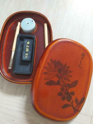 Vintage Chinese Calligraphy Set Signed With Lacquer Wood Box
