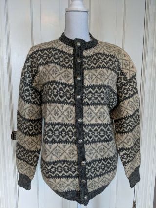 Vintage Norway Handknit Wool Cardigan Pewter Buttons Gray Cream Stripe Fair Isle