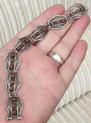 Stunning Vintage Art Deco Jewellery Czech Coral Solid Silver Filigree Bracelet