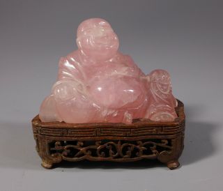 Vintage Chinese Carved Rose Quartz Buddha Figure On Carved Wooden Stand Ho Tai