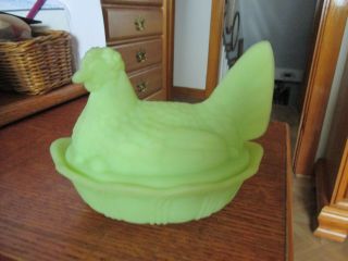 Vintage Fenton Lime Green Satin Glass Hen Chicken On Nest Covered Dish Signed